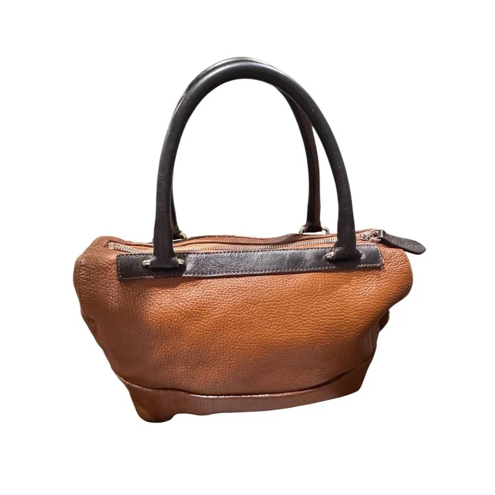 Furla Pebbled Leather Satchel Cognac Brown Black Colorblock Bowling Tote Bag Y2K